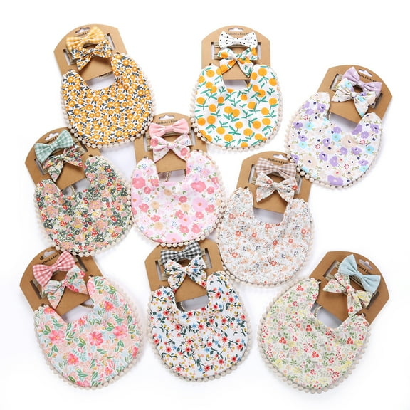 Baby Muslin Feeding Bibs with Bow Headband Set Flowers Lace Adjustable Drooling Bib Boho Baby Bibs for Girls Infant Newborn Toddler Teething