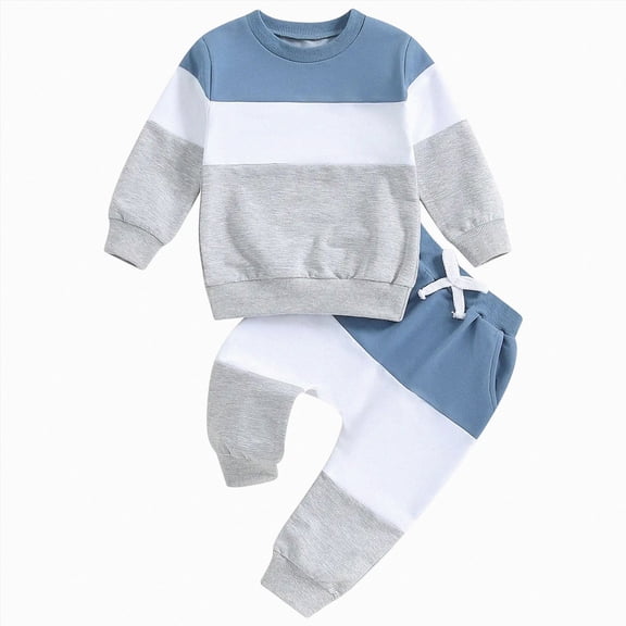 TOWED22 Baby Boy Clothes Outfits Fall Long Sleeve Color Block Sweatshirt Tops Casual Pants Newborn 2Pcs Set,Blue,12-18 M
