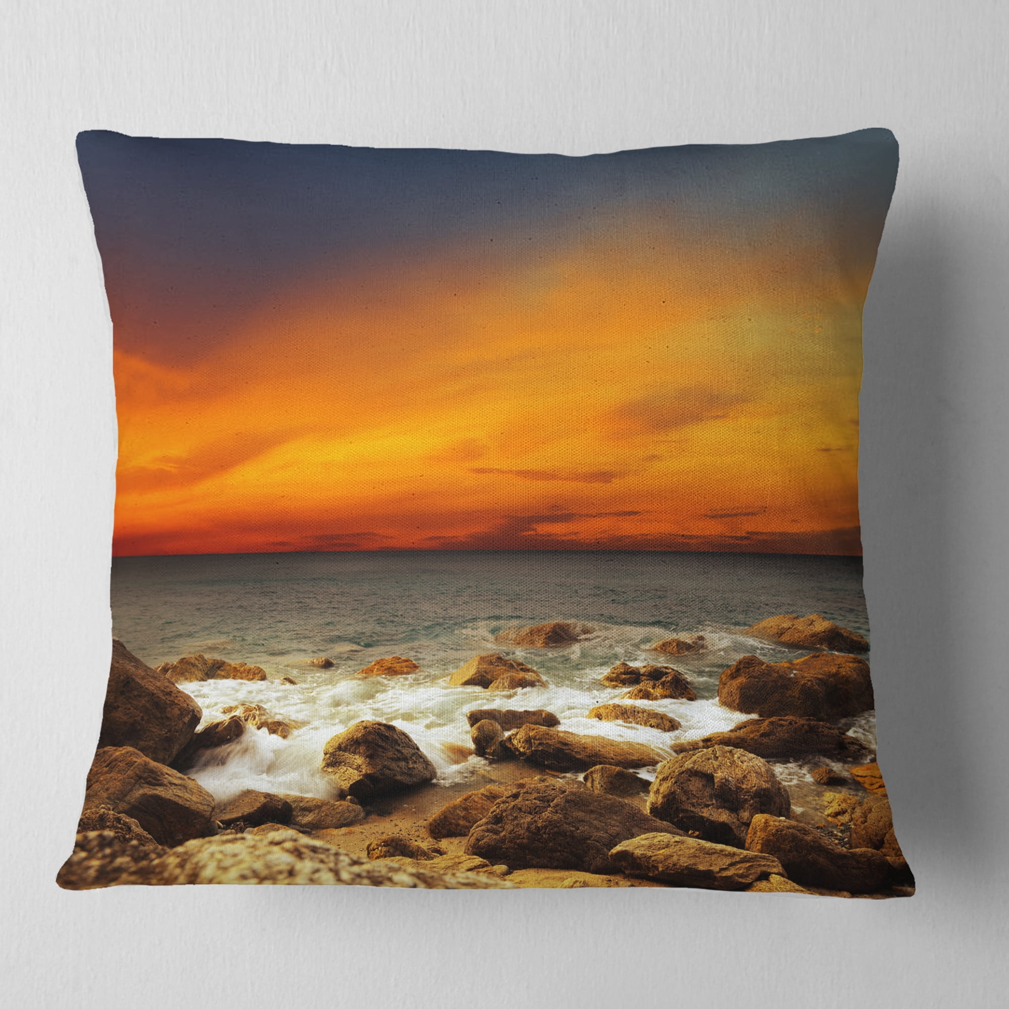 Designart Red Sky over Rocky Seashore - Beach Photography Throw Pillow - 18x18