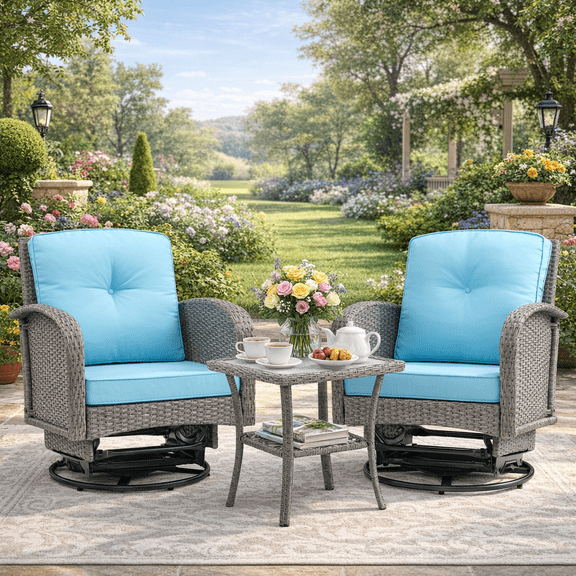 Outdoor Patio Chair Set, 3PCS Porch Funiture for Deck, Deck Rattan Wicker Bistro Set with 4''T Cushions, Coffee Table, 360° Swivel Rocker for 2