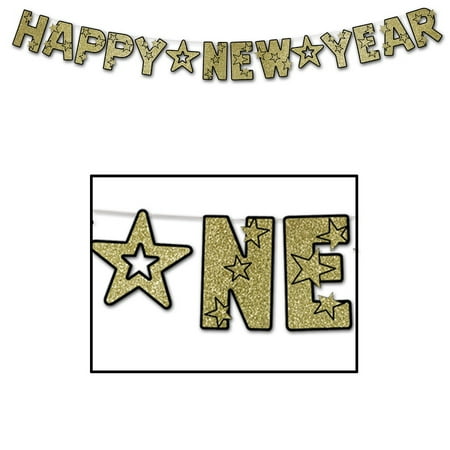 Club Pack Of 12 Black And Gold Glittered Happy New Year Streamer