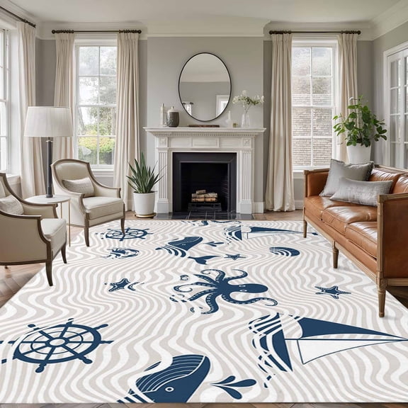 Large Area Rugs for Living Room Bedroom, Coastal Nautical 8'x10' Rug Washable Carpet Runner Indoor Outdoor, Summer Ocean Octopus Starfish Grey Wave Non Slip Floor Mats Rug for Kitchen, Patio