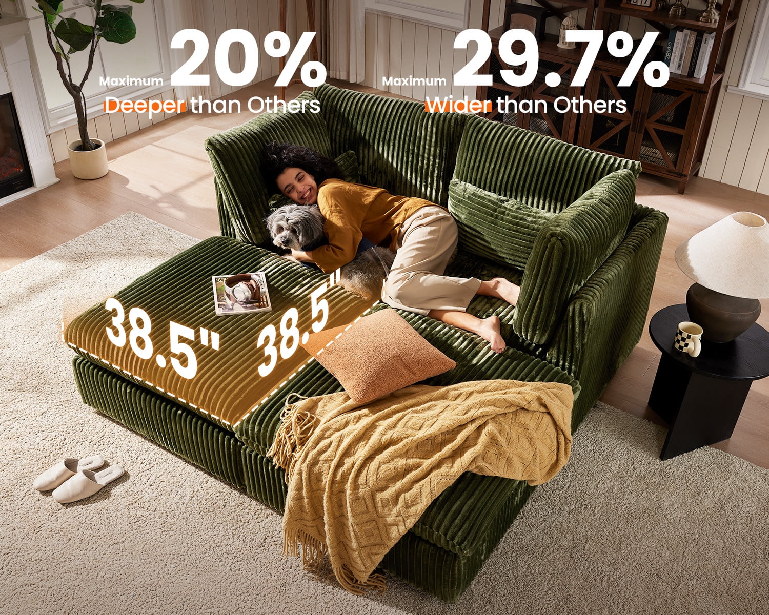 CHIC HOUSE Oversized Modular Sofa,Extra Deep Cloud Corduroy Sectional Couch with Ottoman Chaise,FSC Certified Fluffy Chenille 6 Seat U-Shaped Sofa for Living Room,Villa