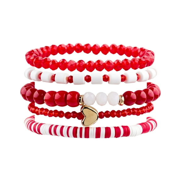 L.YY Boho Bracelet Heart Charm Beads Set, Red and White (5 Pack)