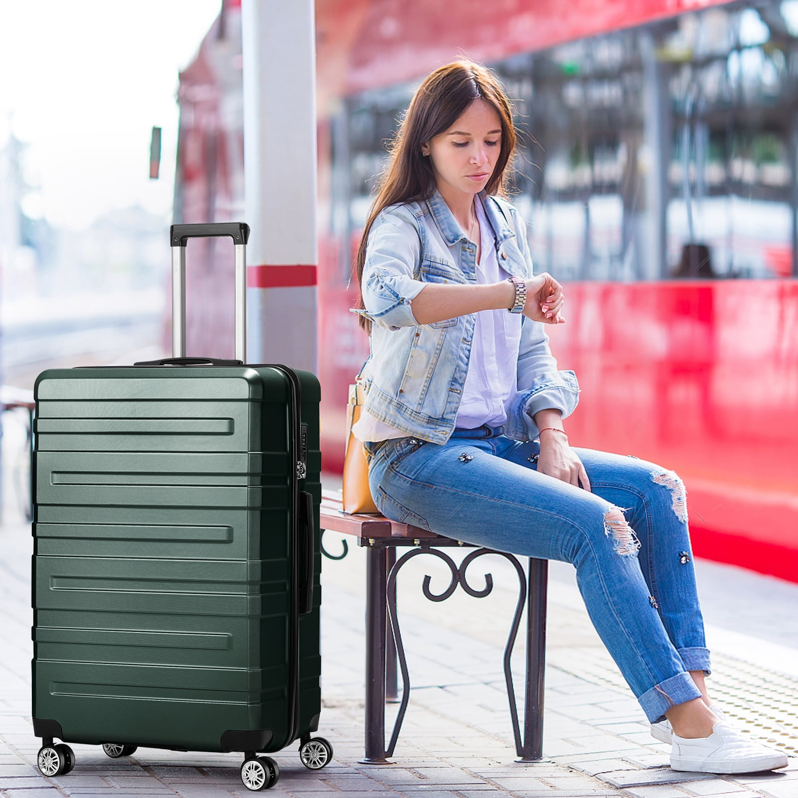 Hikolayae Luggage Sets Hardside Spinner with TSA Lock in Dark Green, 3 Piece