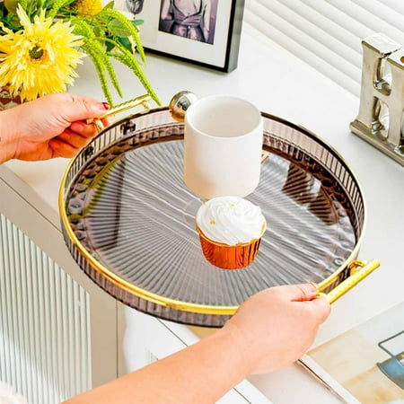 

kkbbma Clearance under $5 Bandejas redondas de plástico para servir Bandejas decorativas para servir con asas Bandeja para mesa de café Bandeja redonda de plástico otomana para sala de estar baño