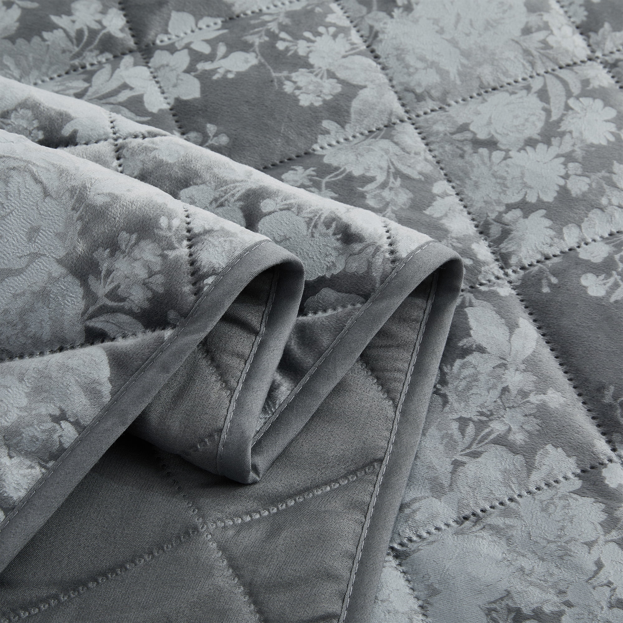 IR Imperial Rooms Velvet Bedspread Floral Pattern 3-Piece Set Ultrasonic Embossed Quilt Reversible Soft Microfiber Coverlet Queen Size Grey