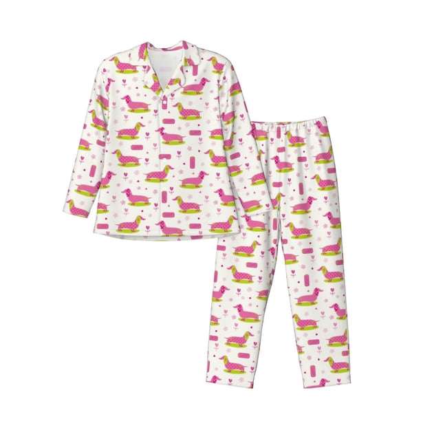 Fotbe Dachshund Dog Puppy Pijama de Hombre con Estampado de Manga Larga, Conjunto de 2 Piezas, Ropa de Dormir Suave y Cómoda con Bolsillos-Large