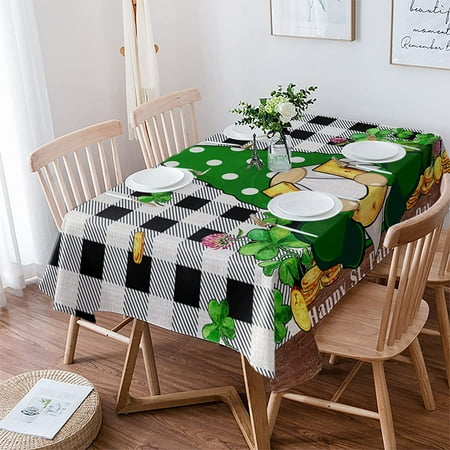 

St. Patrick s Day Tablecloths for Rectangle 60 x 84-inch Table Cover Cotton Linen Fabric Table Cloth for Dining Room Kitchen Green Lucky Clover Golden Gnomes Black Plaid