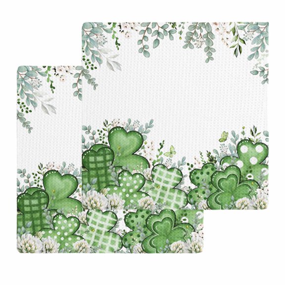 St. Patrick's Kitchen Dish Towels for Drying Dishes Set of 2, Lucky Shamrock Green Eucalyptus Floral Plants Waffle Weave Microfiber Hand Tea Bathroom Towels Quick Dry & Absorbent Towel 12x12