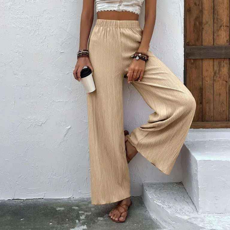 JNGSA Flowy Pants for Women Casual High Waisted Wide Leg Palazzo Pants  Trousers Solid Color Elastic Pants White 6
