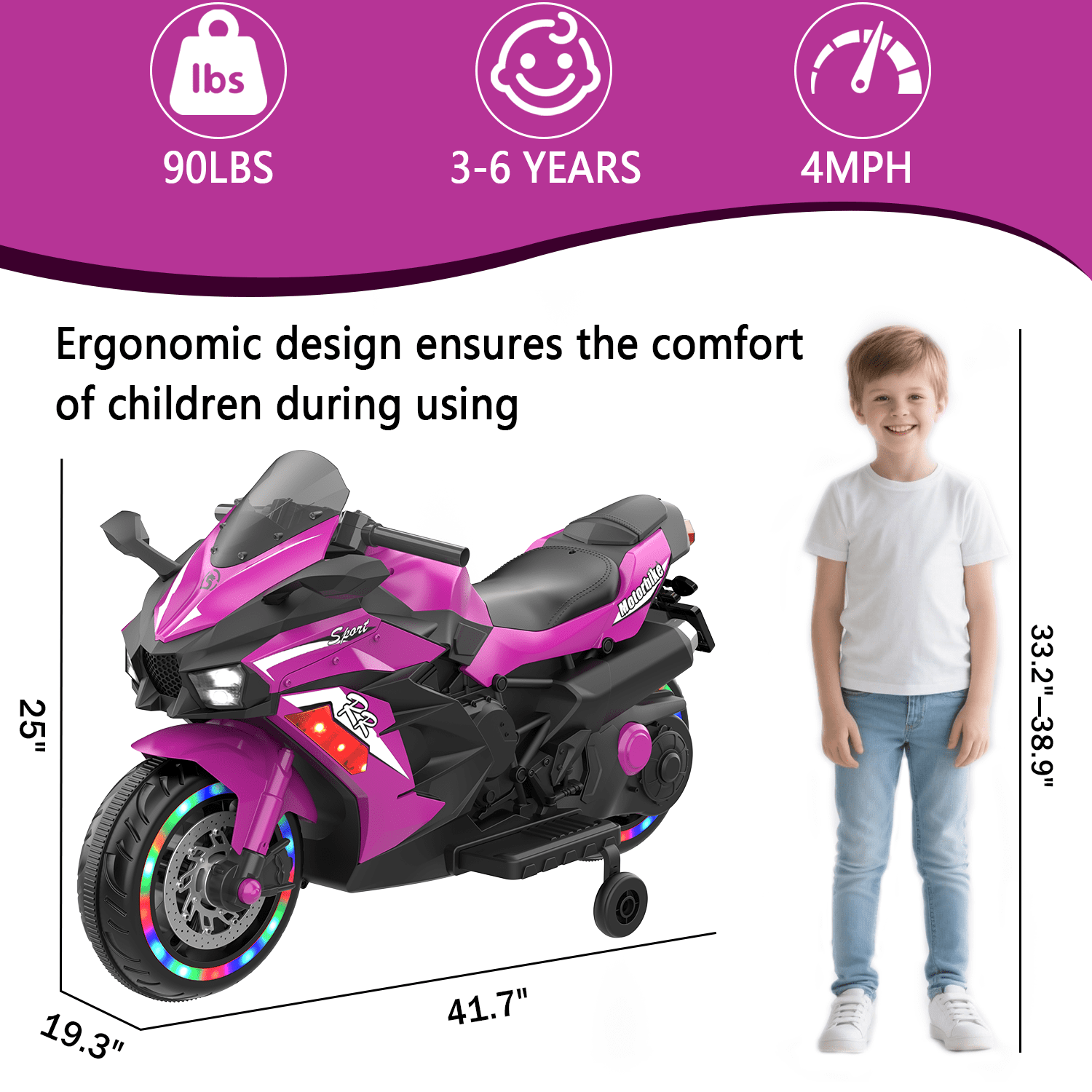 TaTee 12V Kids Electric Motorcycle, Battery Powered Ride-On Toy with Training Wheels for Boys & Girls Ages 3-6, Bluetooth Music & LED Lights, Purple