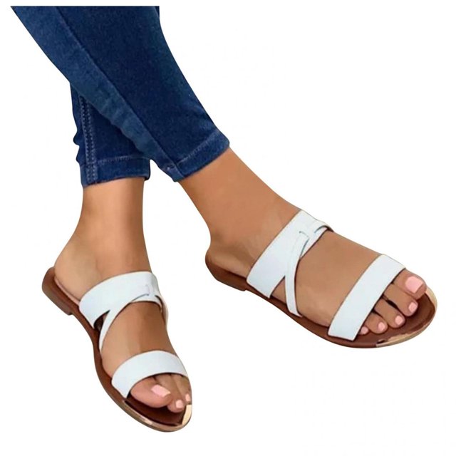 Womens Flat Slide Sandals, Summer Fashion Sandals, Comfy Style Open Toe Two Strap Slip On Flat Sandals Warm-weather Favorite