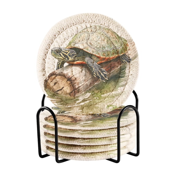 Haosy Set of 6 Drink Woven Coaster with Holder Heat Resistant Non-Slip Bar Coasters 4 Inches Turtle on Wooden Pile
