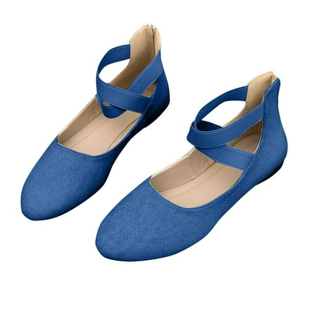 Xfvqtps Ladys Single Shoes Suede Surface Elastic Ankle Strap Soft Sole Pointy Toe Flats Bottom Ballet Rear Ankle Zipper Shoes New Large Size Shallow Mouth Elastic Flat Shoes Blue