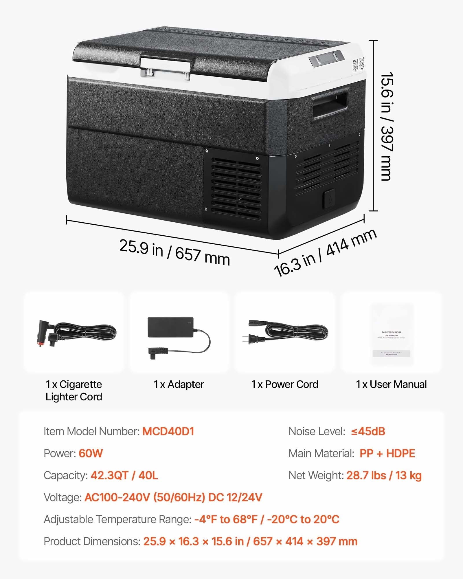 12V Car Refrigerator 42.3QT, Portable Car Fridge Freezer -4 to 68°F, DC 12/24V & AC 100-240V, Electric Cooler for Camping, RV, Travel