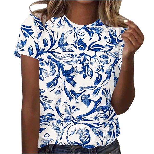 Camiseta de Cuello Redondo de Manga Corta con Impresión Floral para las Mujeres, Blusa de Poliéster Suave de Estilo de Vacaciones para el Uso Diario de Primavera Y Otoño