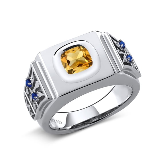 Gem Stone King 925 Sterling Silver Yellow Citrine and Blue Created Sapphire Men's Ring (3.04 Cttw, Gemstone Birthstone, Size 9)