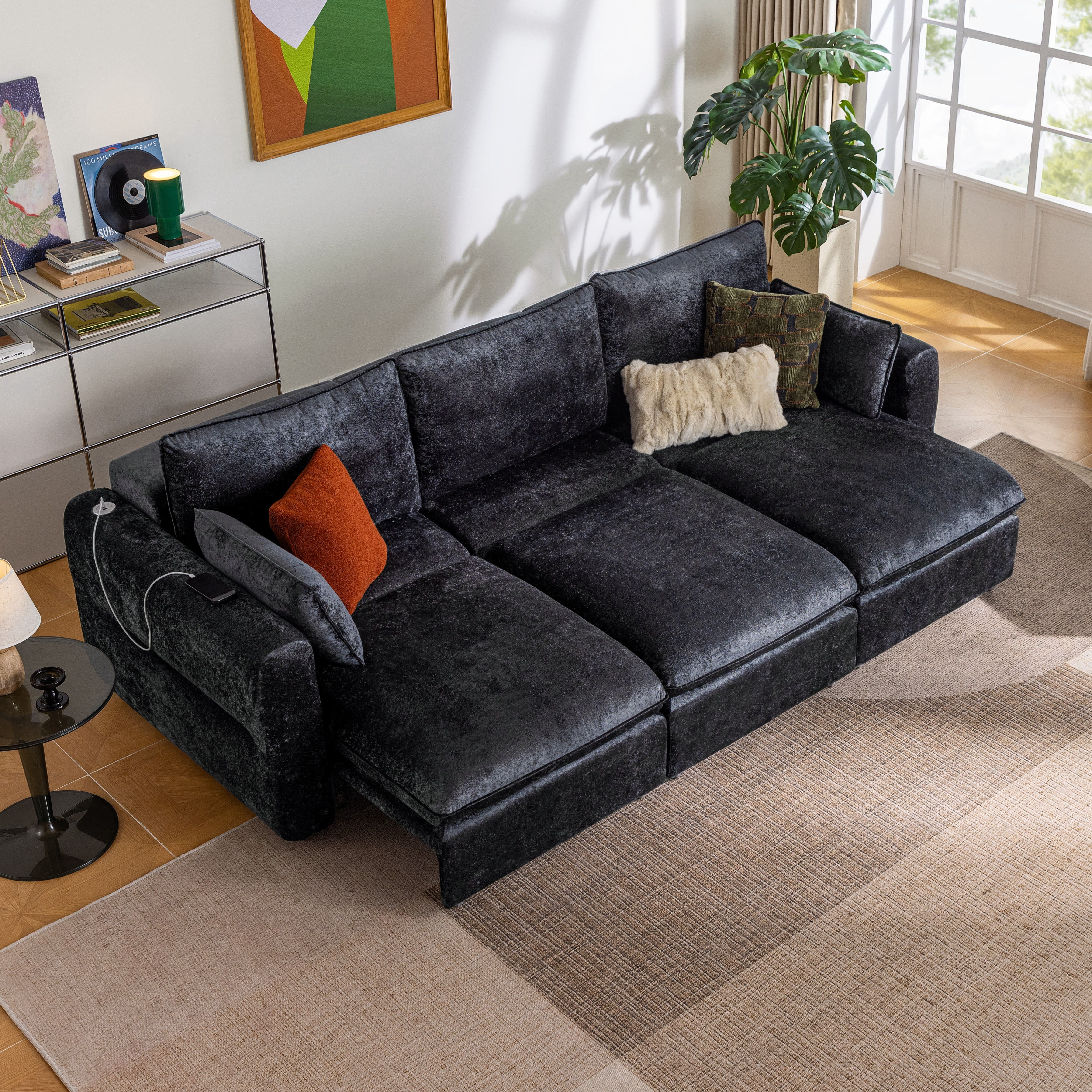 CHIC HOUSE 104" Electric Extendable Sofa Bed with Triple Motor, Convertible Smart Power Reclining Sleeper Sofa Deep Seat 3-Seat Couch with Solid Wood Frame in Velvet, Black