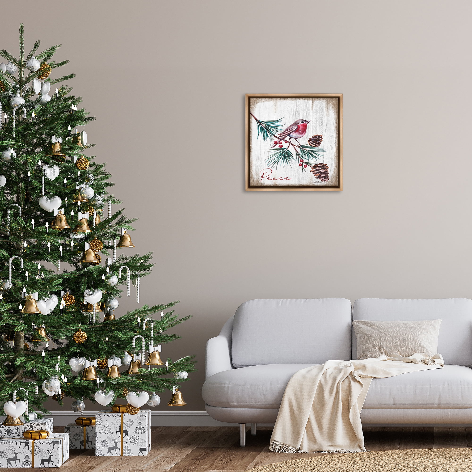 Stupell Industries Rustic Bird & Pinecones Holiday Painting Brown Floater Framed Canvas Art Prints Wall Art, 25 x 25