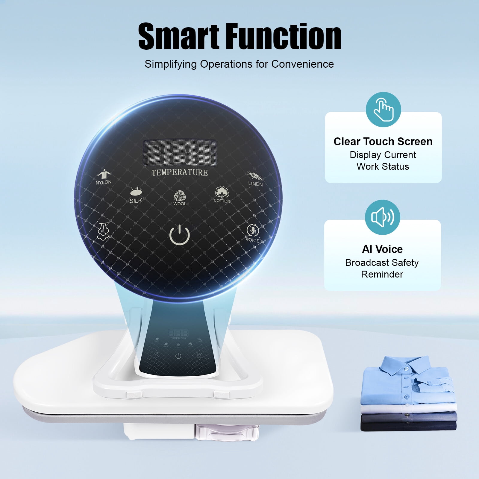 Miumaeov Intelligent Steam Press Fabric Press Machine Touch Screen Steam Iron Press with 5 Fabric Settings (Nylon, Silk, Wool, Cotton, Linen)