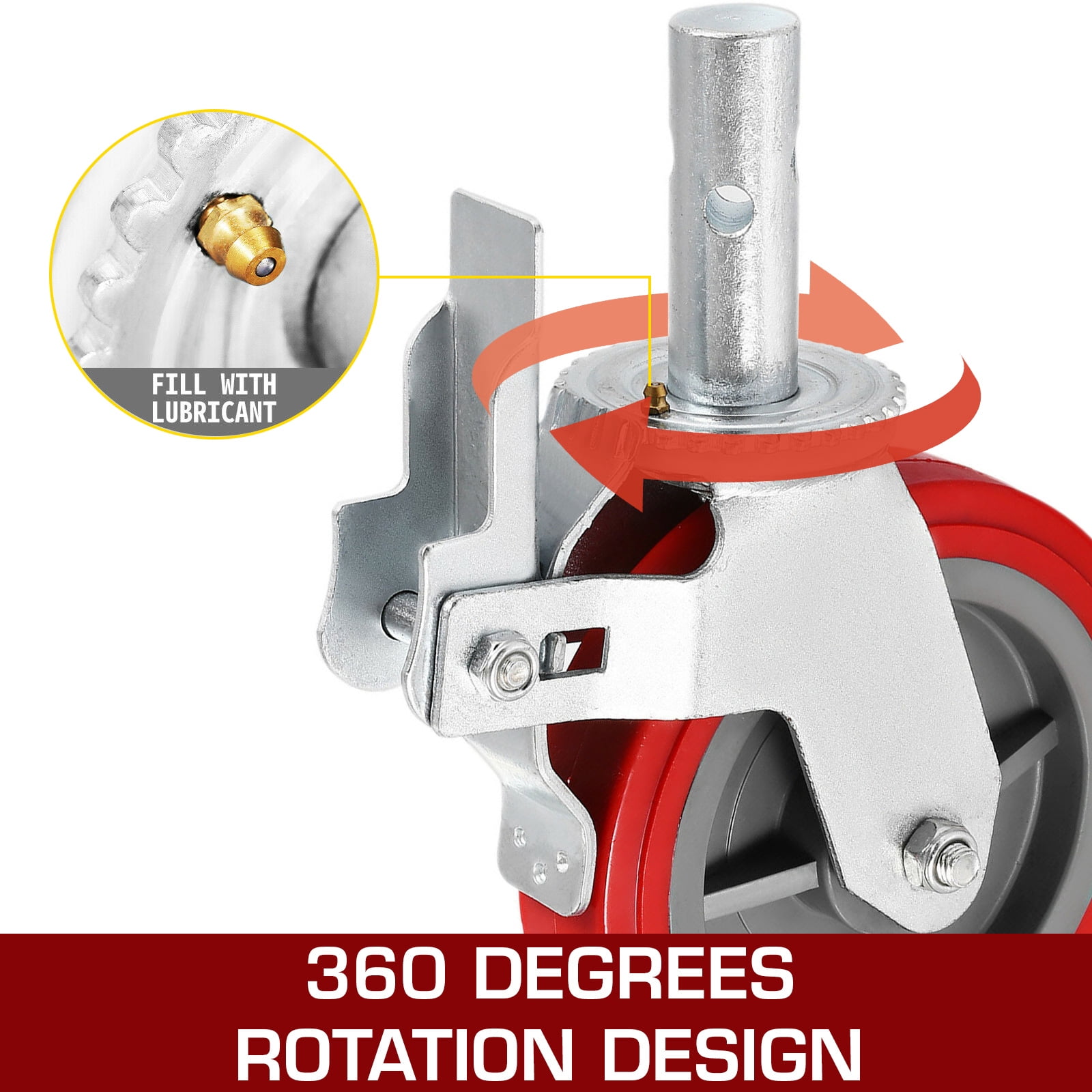 KFFKFF Set of 4 Heavy-Duty 8" Scaffolding Casters, 3200 Lbs Capacity - Locking Stem Wheels with Brake, Red Polyurethane - Ideal for Scaffold, Shelves, and Workbench