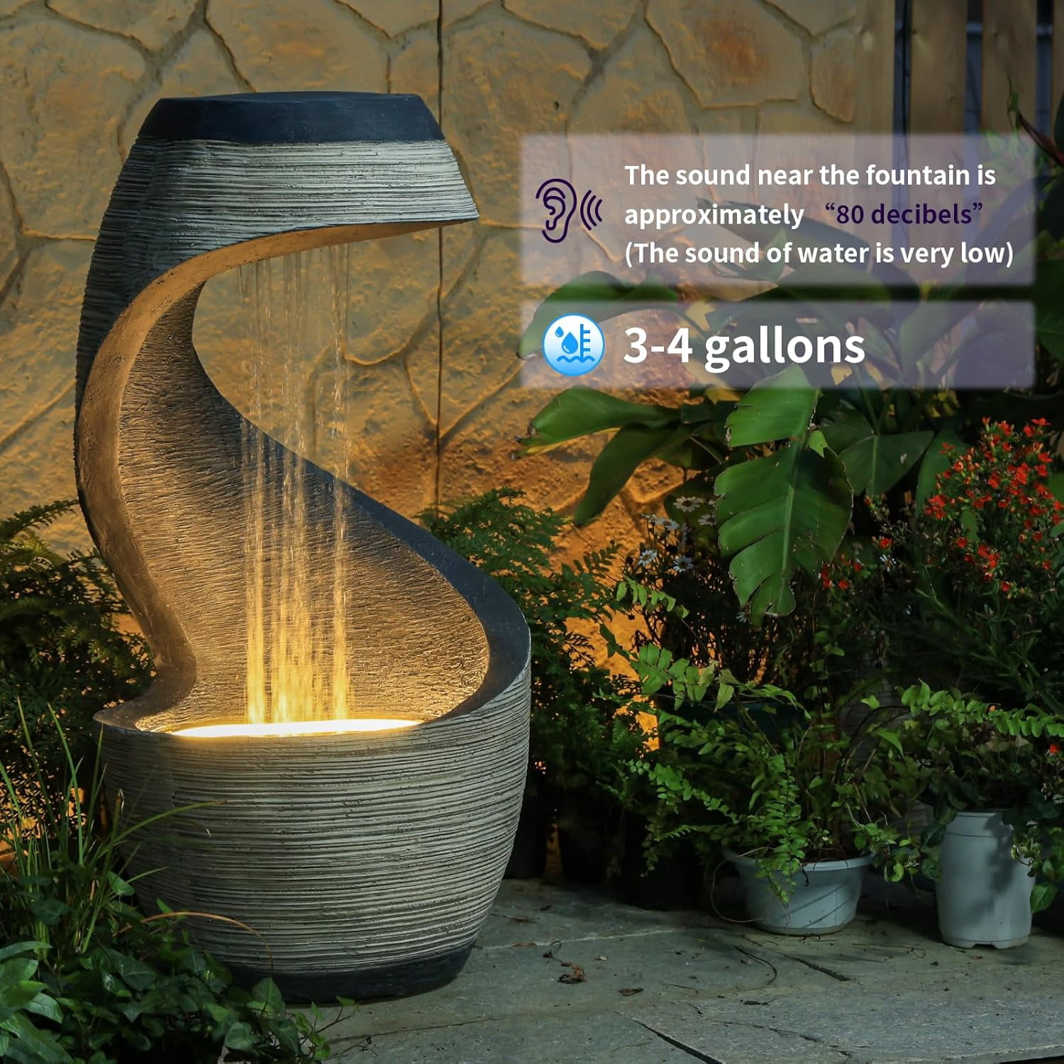 Outdoor Water Fountain 37" Tall S-Curve Floor-Standing Rainfall Fountain Garden Waterfall Feature with LED, Garden Patio Porch Yard Decor, Outdoor Water Feature with Flat Top for Plant, Resin