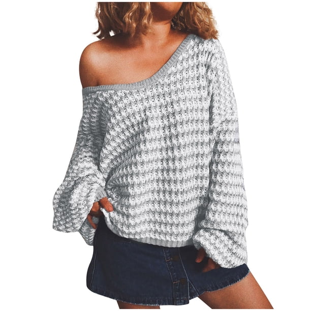 Gibobby Suéteres de invierno de punto Suéter para mujer Cuello en V Manga larga Casual Bloque de color Punto Vacaciones Invierno Suelto Jumper Tops (Gris, S)