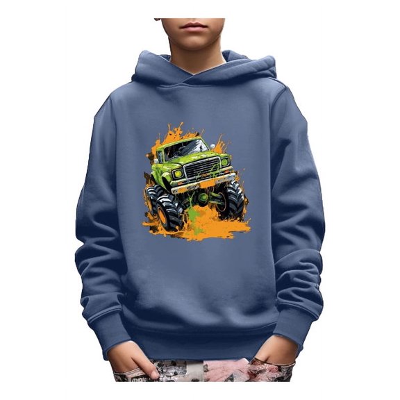 Mikrdoo Truck & Mud Print Hoodie For Kids, Stylish Pullover Long Sleeve Casual Top, Boy's Clothes, As Gift