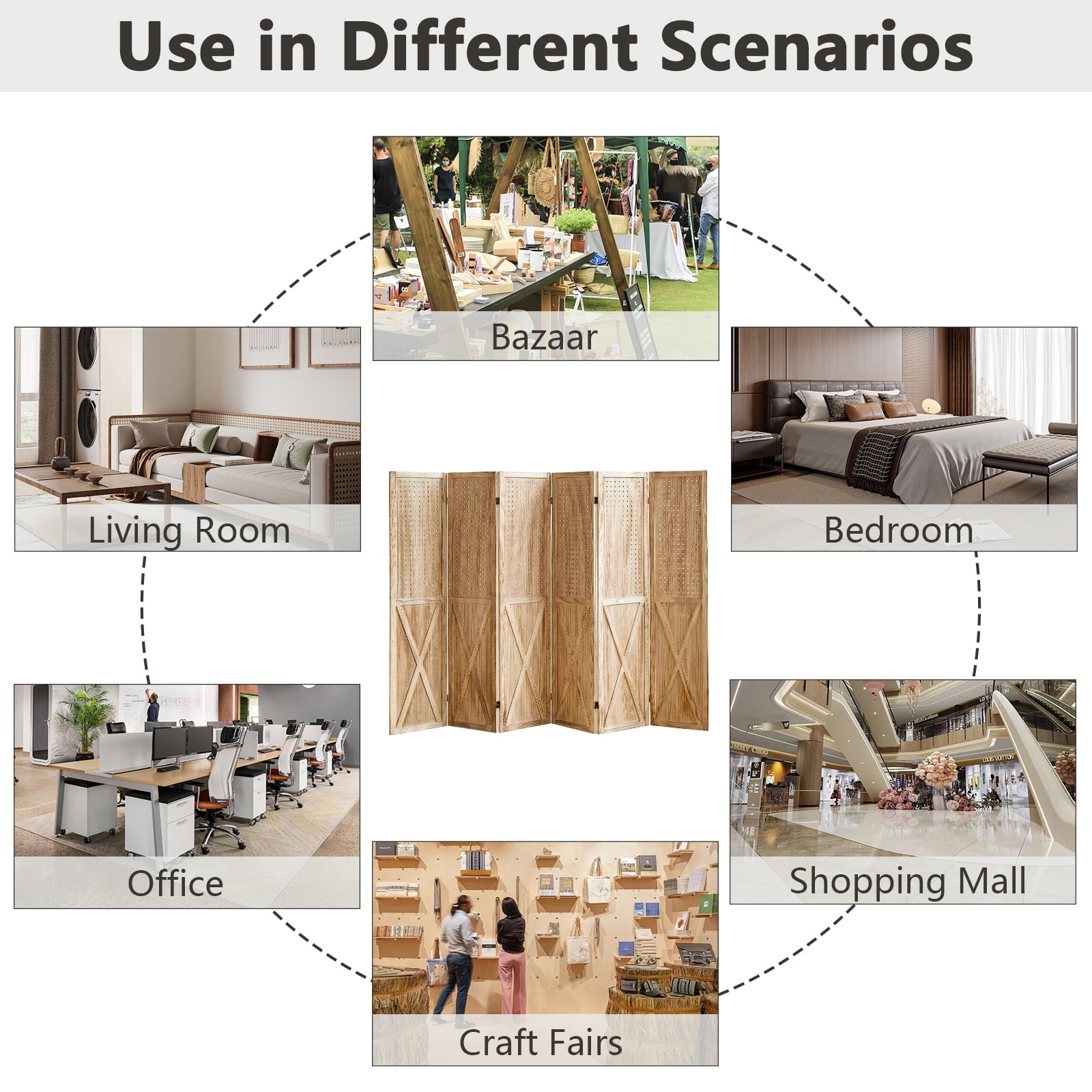 Aletheiawu 6 Panel Wood Room Divider Folding Portability Privacy Screens, No Installation Required, Light Brown