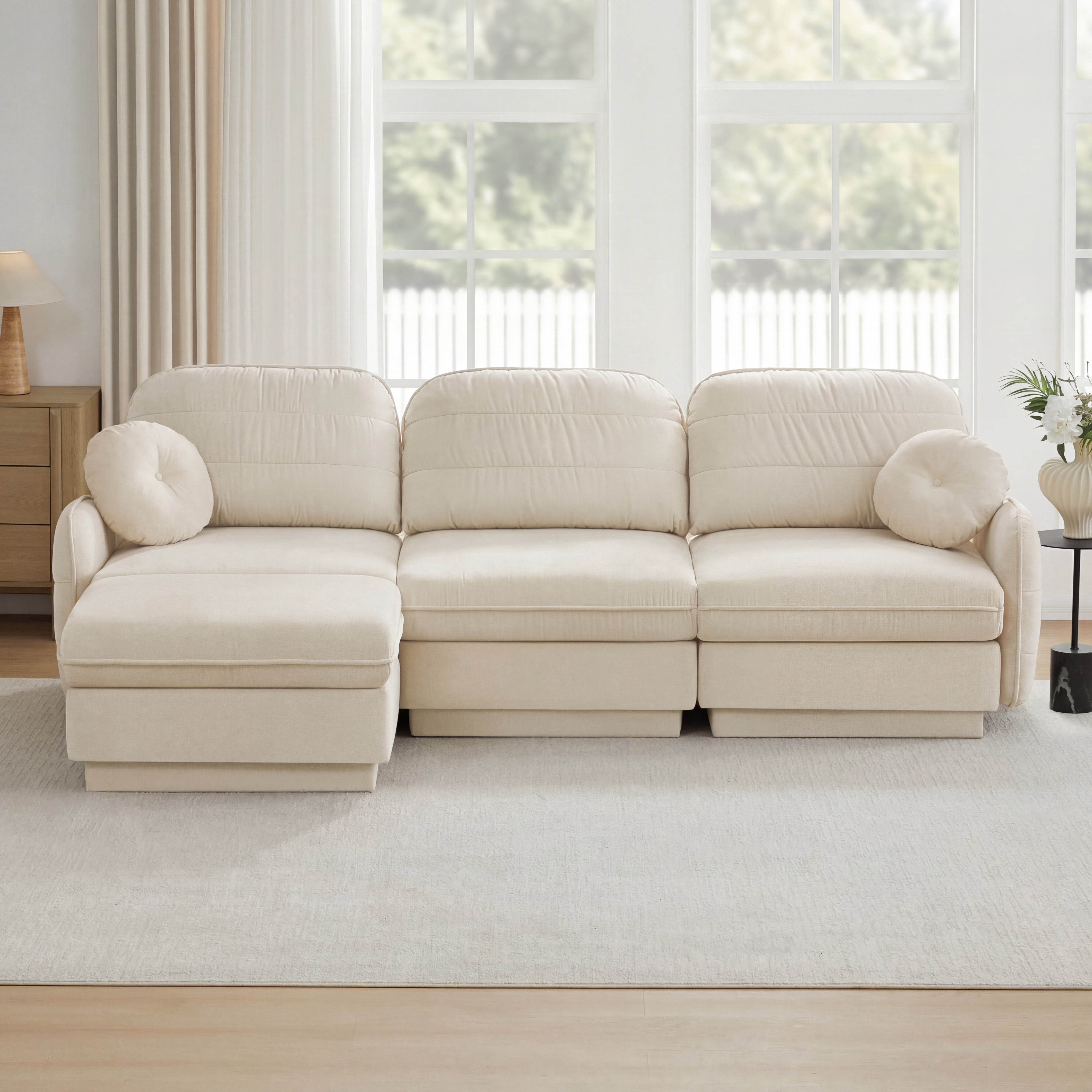 Mintazer 105" Chenille Cloud 3-Seater Modular Sectional Sofa with Movable Ottoman & Round Pillows, L-Shaped Ergonomic Sofa Couch for Living Room, Apartment, Cream