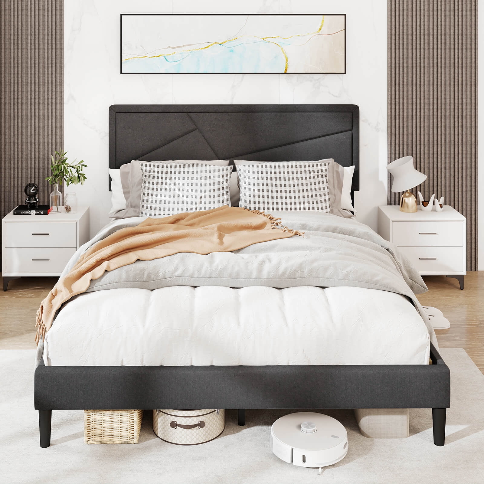 Infans Queen Size Bed Frame w/ High Headboard & Wooden Slats No Box Spring Needed