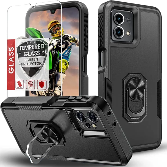 Starshop Motorola G Power 2025 Case Phone Cover Shockproof Ring Stand With Glass Screen - Black