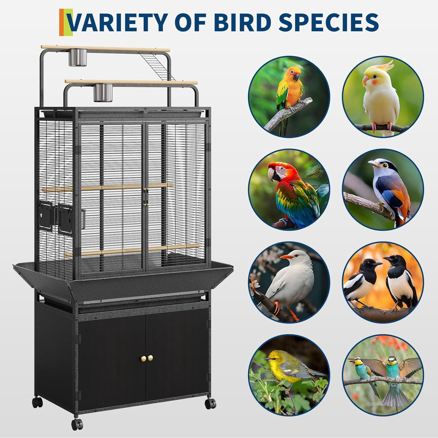 Rugerasy Large Rolling Metal Bird Cage with Play Top,Heavy Duty,Escape-Proof,Easy-Clean Tray,Storage Cabinet,Stand & Wheels,Black