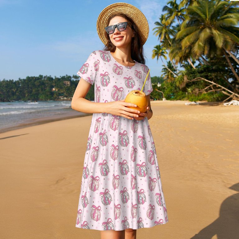pink disco ball dress Ratiio Pink Disco Ball Print Women's Short Sleeve Dress
