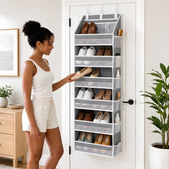 BugHull 6-Tier Over The Door Organizer, Extra Large Behind Door Storage with 12 Side Pockets, Hanging Organizer for Bedroom, Bathroom, Pantry, Gray