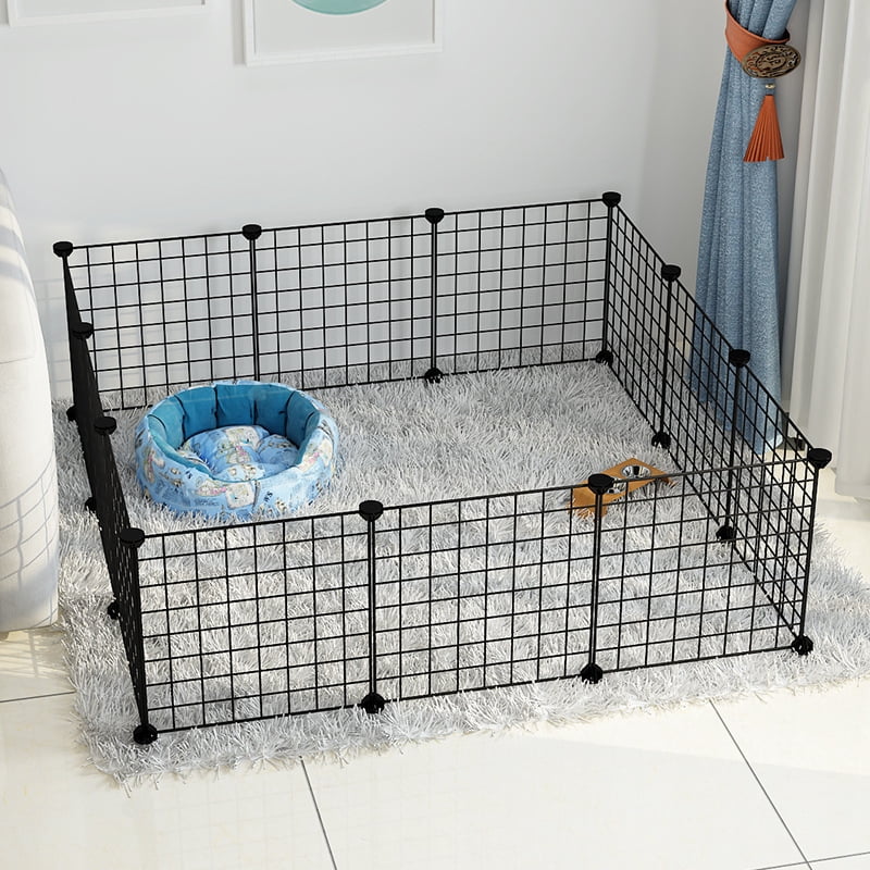 Metal Wire Storage Cubes Organizer, 15 x 15 inch DIY Small Animal Cage for Rabbit, Guinea Pigs, Puppy, Pet Products Portable Metal Wire Yard Fence (Black, 12 Panels)