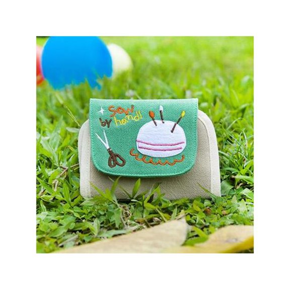 Sew By Hand - Embroidered Applique Card Holder ID Holder & Coin Purse Wallet - Green - 4.6 x 3.5 in.