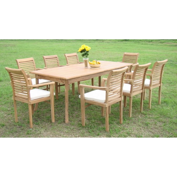 Teak Dining Set:8 Seater 9 Pc - 71" Rectangle Table And 8 Mas Stacking Arm Chairs Outdoor Patio Grade-A Teak Wood WholesaleTeak #WMDSMSd