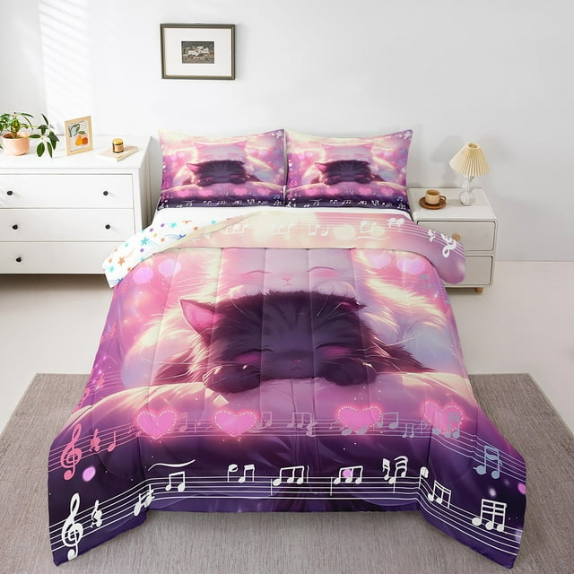 Ensemble de Literie pour Filles Format Double, Mignon Dessin Animé Animal, Ensemble de Douillette pour Amoureux des Chats, Imprimé de Notes de Musique, Ensembles de Literie avec Douillette, Adorable Couette pour Animal de Compagnie Chat, Rose Violet, Courtepointe à Thème Romantique