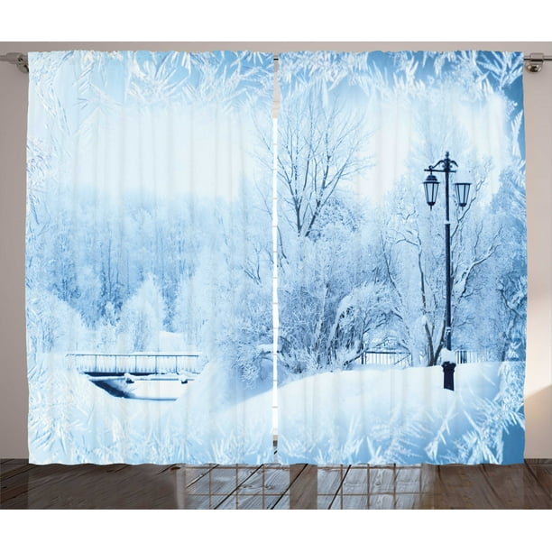 Winter Curtains 2 Panels Set, Winter Trees in Wonderland Theme