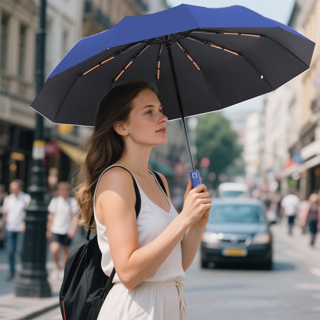 Paraguas automático plegable de plástico negro para exteriores, ideal para protegerse del sol y la lluvia. Paraguas de poliéster.