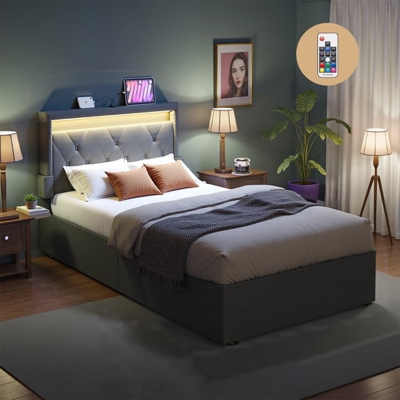 LEDREM Twin LED Bed Frame with Storage Drawers, Adjustable Headboard with USB-C Port & RGB Lighting, 500lb Capacity No Box Spring Needed, Dark Gray