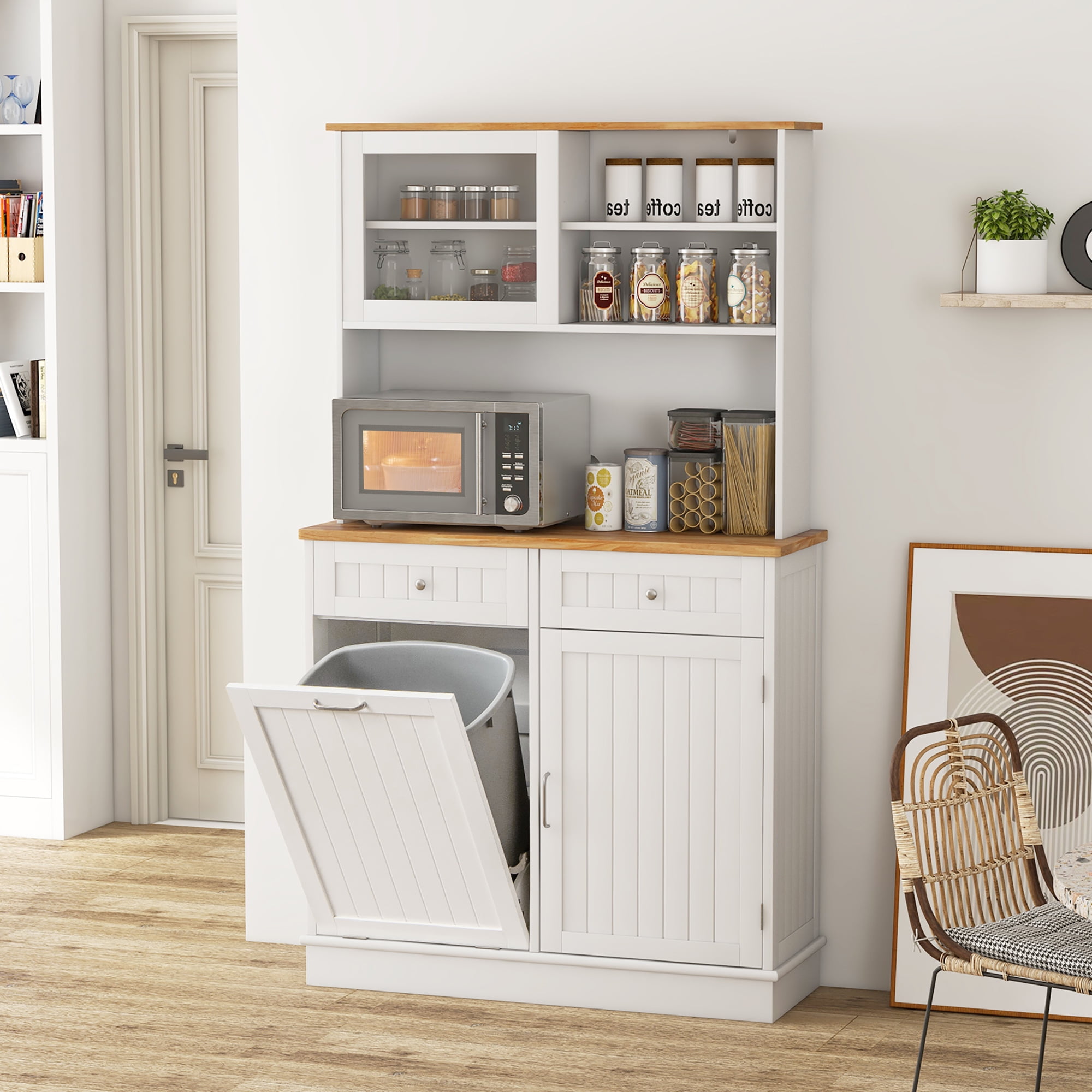 Gymax Double Tilt Out Trash Cabinet w/ Hutch Kitchen Pantry Storage Cabinet White