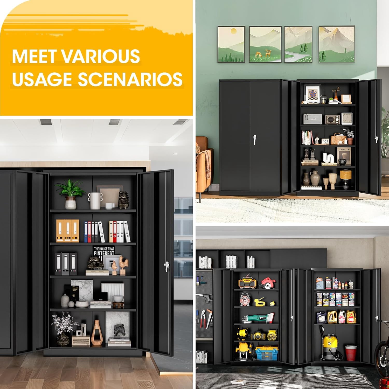 SOLAURA Metal Storage Cabinet with Locking Doors and 4 Adjustable Shelves, 71"H x 32"W x 16"D Cabinet for Office, Home, Garage, Warehouse(Black)