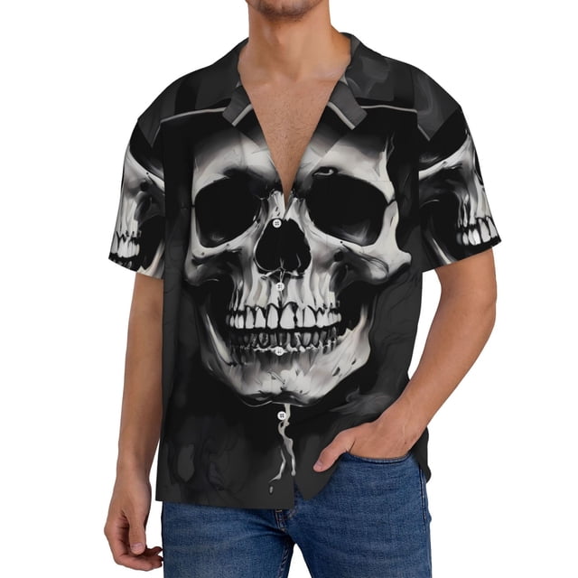 Fotbe Black White Hat Skull Camisa Estampada de Manga Corta para Hombre, Casual de Verano, Estilo Playero, Sin Arrugas-Large