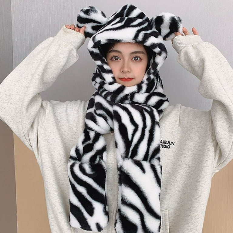 GENEMA Women Faux Rabbit Fur Warm Leopard Tiger Skin Pattern Scarves for  Winter Hood Scarf Hat Glove Set Ladies Girls Caps 