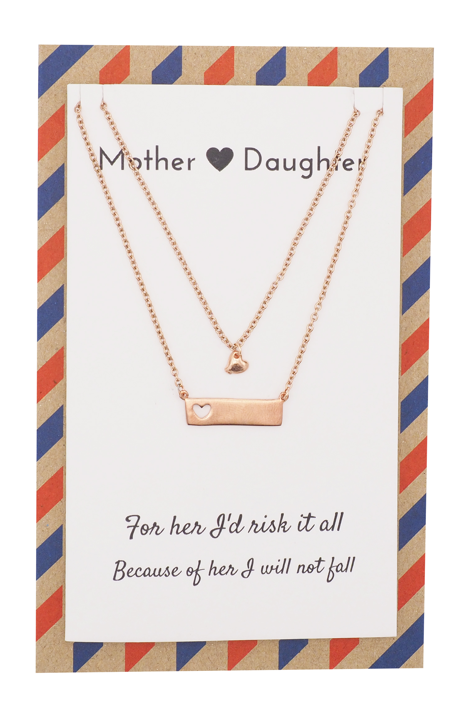 Heart Bar Pendants Mother Daughter Necklace Set, Best Mom's Gift, Mama Jewelry with Greeting Card, Rose Gold Tone