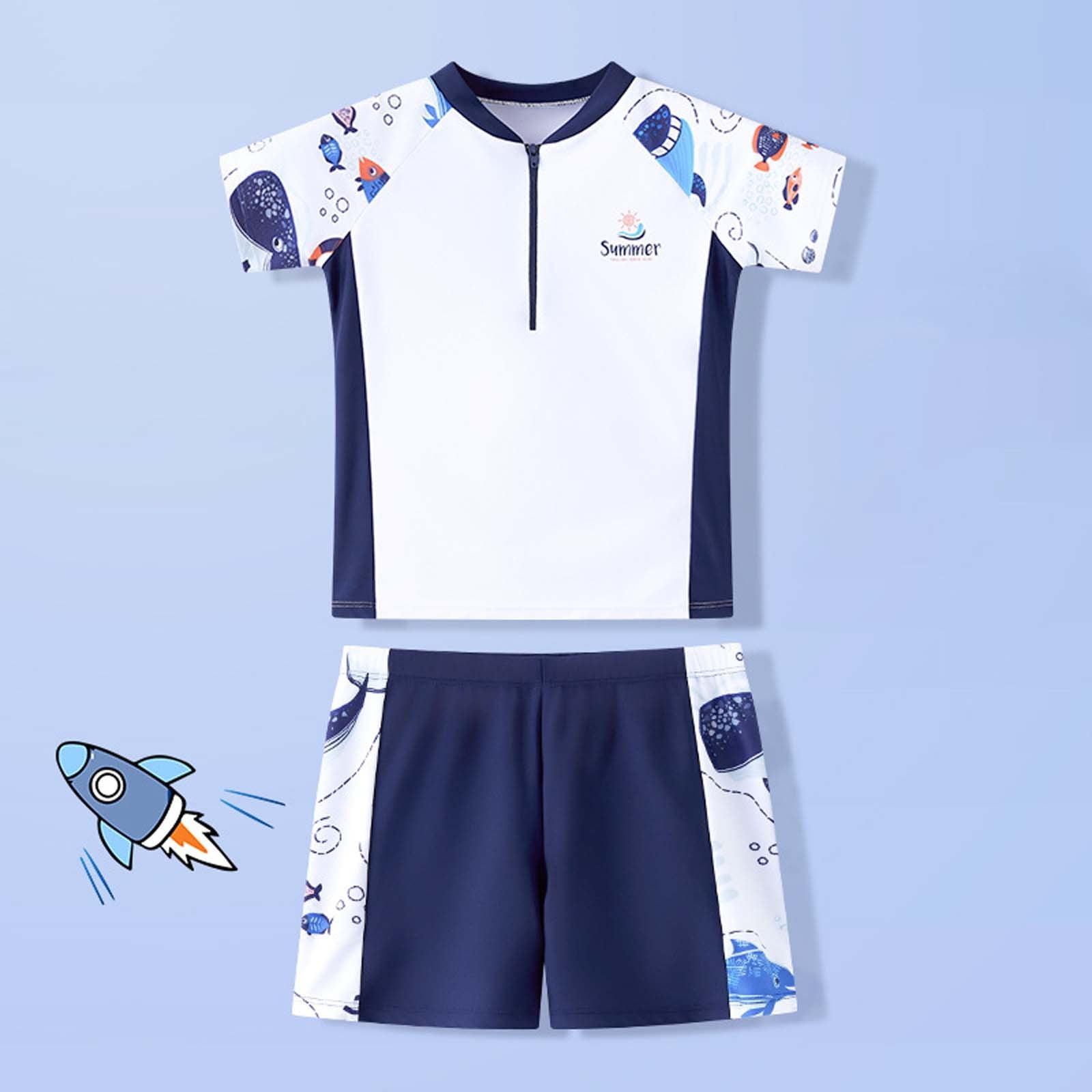 Shadoumai Kids Swimming Suit Stretch Swimwear Set Boys Swim Shirt and Shorts Set Kids Bathing Suits