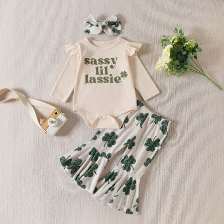 

BTJX Baby Girls Print Autumn St. Patric.k s Day Long Sleeve Romper Bodysuit Pants Headbands Set Clothes